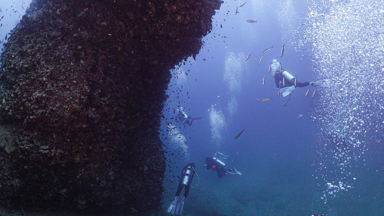 Expedición Tailandia 7 Buceadores junto a una gran roca de granito en aguas de Tailandia